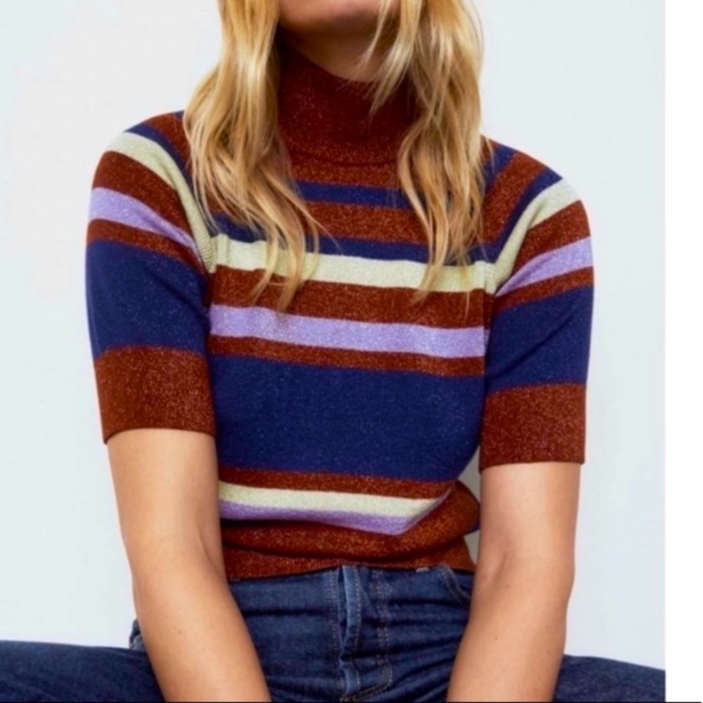 Zara Striped Short-Sleeve Turtleneck in Navy, Rust, Lavender, Cream